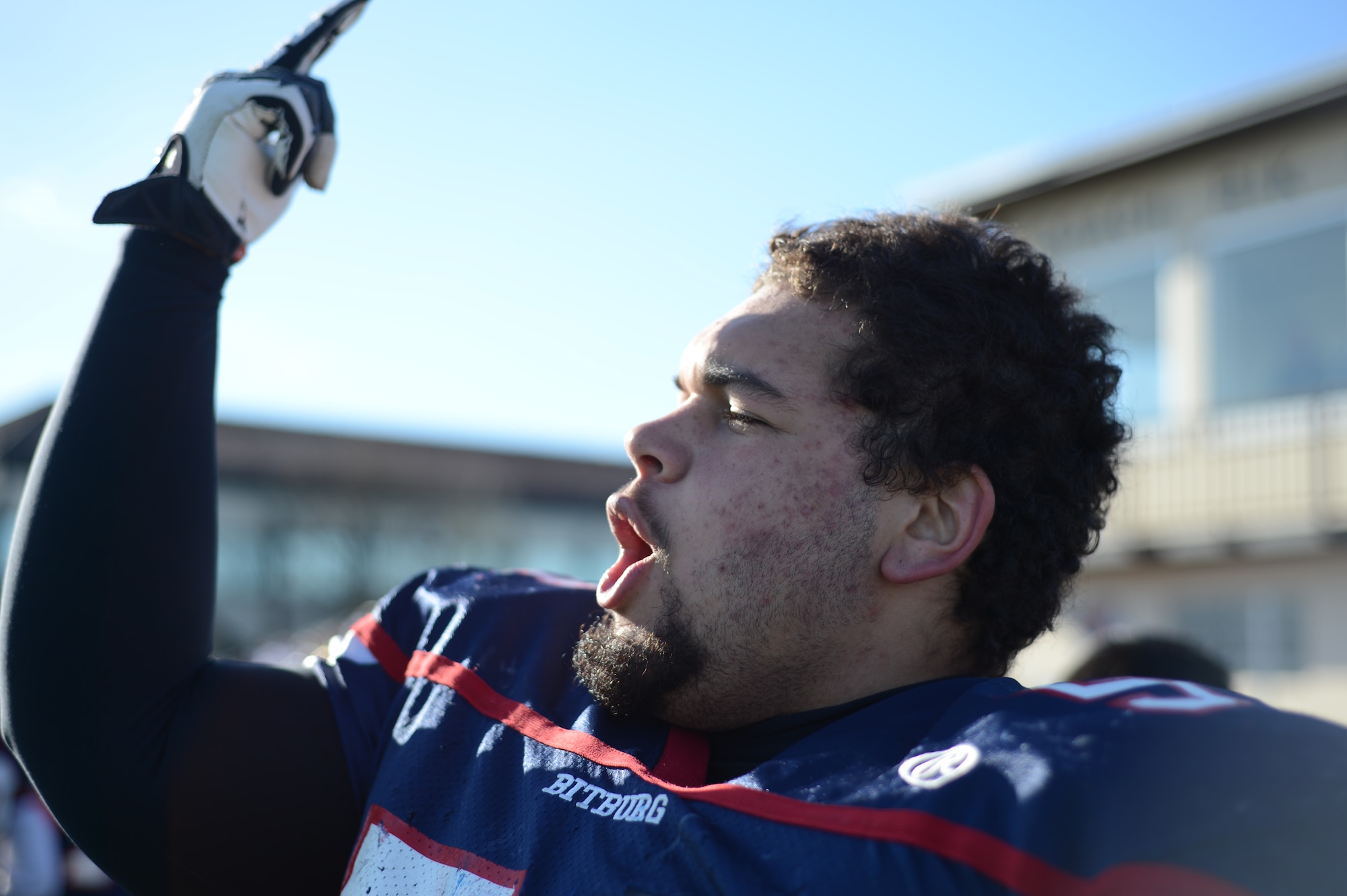 BITBURG ANNEX, Germany – Bitburg Baron senior Colton Engelmeier, from San Antonio, cheers as his team forces a fumble late in the fourth quarter against the Hohenfels Tigers at Rik Carr Field Oct. 27, 2012. The Barons shut down the Tigers’ offense, leaving Bitburg victorious for their 29th straight win. (U.S. Air Force photo by Staff Sgt. Nathanael Callon/Released)