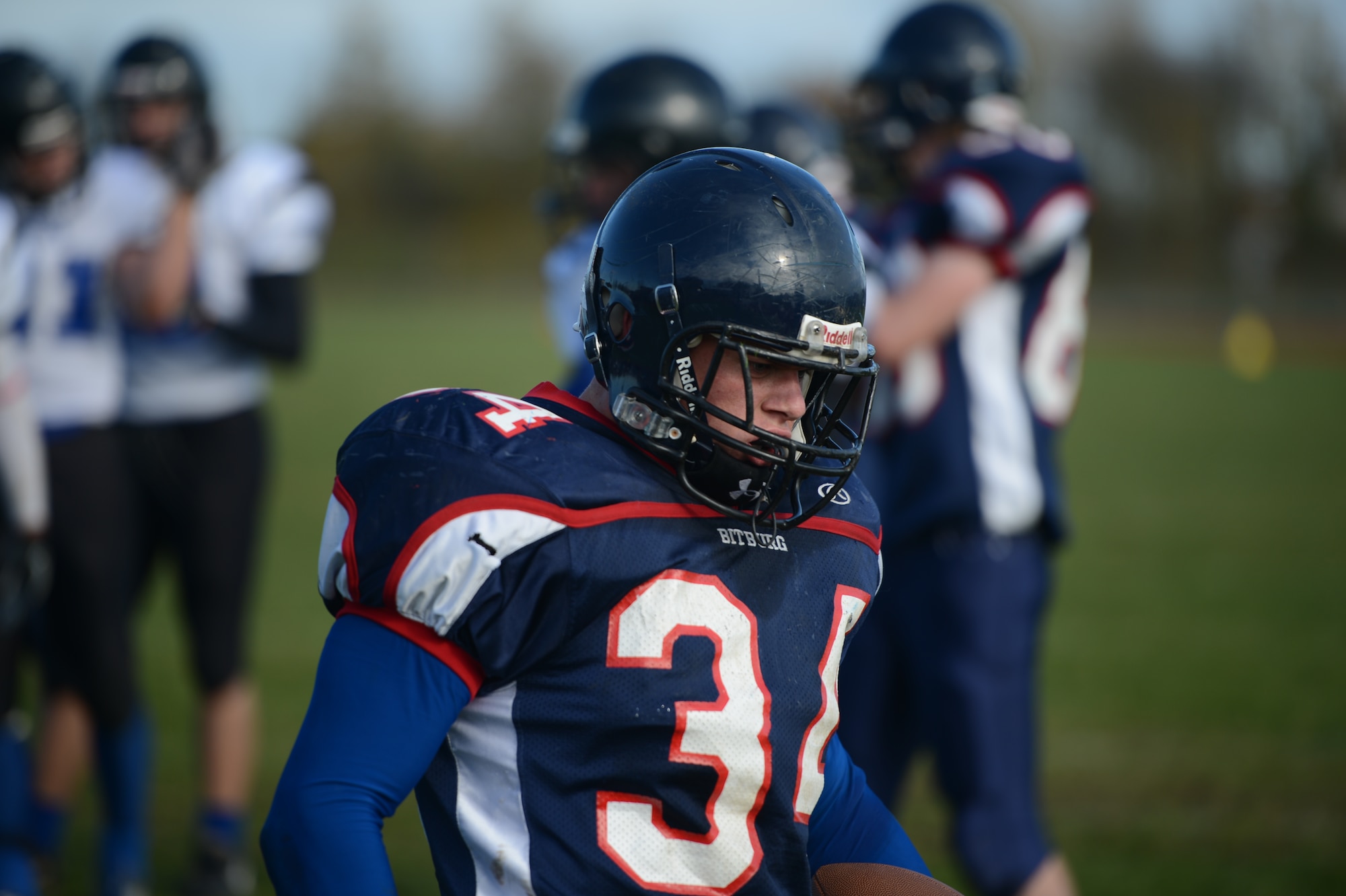BITBURG ANNEX, Germany – Bitburg Baron senior Bryson Randall, from Cabot, Ark., catches his breath after scoring a touchdown during the third quarter against the Hohenfels Tigers at Rik Carr Field Oct. 27, 2012. Randall led the Barons’ defense, earning 12 tackles and 10 assists, and also scored three touchdowns on offense. (U.S. Air Force photo by Staff Sgt. Nathanael Callon/Released)