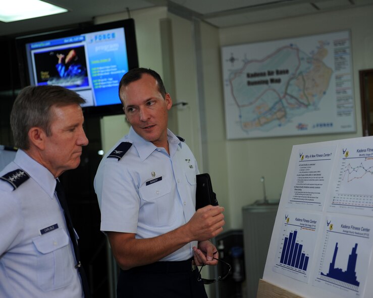 U.S. Air Force Col. Michael Borgert, 18th Force Support Squadron commander, briefs Gen. Herbert J. Carlisle, Pacific Air Forces commander, about the Risner Fitness Center and the high demand for a new facility on Kadena Air Base, Japan, Oct. 29, 2012. The Risner was one of Carlisle’s many stops during his tour of the 18th Wing. (U.S. Air Force photo/Airman 1st Class Hailey R. Davis)
