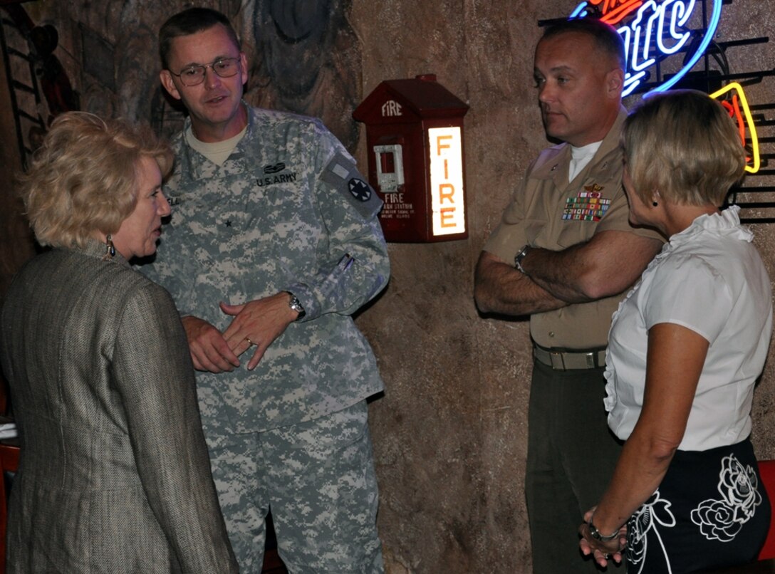 Senator Jean Fuller, California state senator for the 18th district, meets with military leaders in the High Desert, Oct. 16 at DiNapoli’s Firehouse restaurant for lunch during a meet and greet with Brig. Gen. Terry Ferrell, the commanding general of National Training Center, Fort Irwin and Col. Michael Scalise, the commanding officer of Marine Corps Logistics Base Barstow.