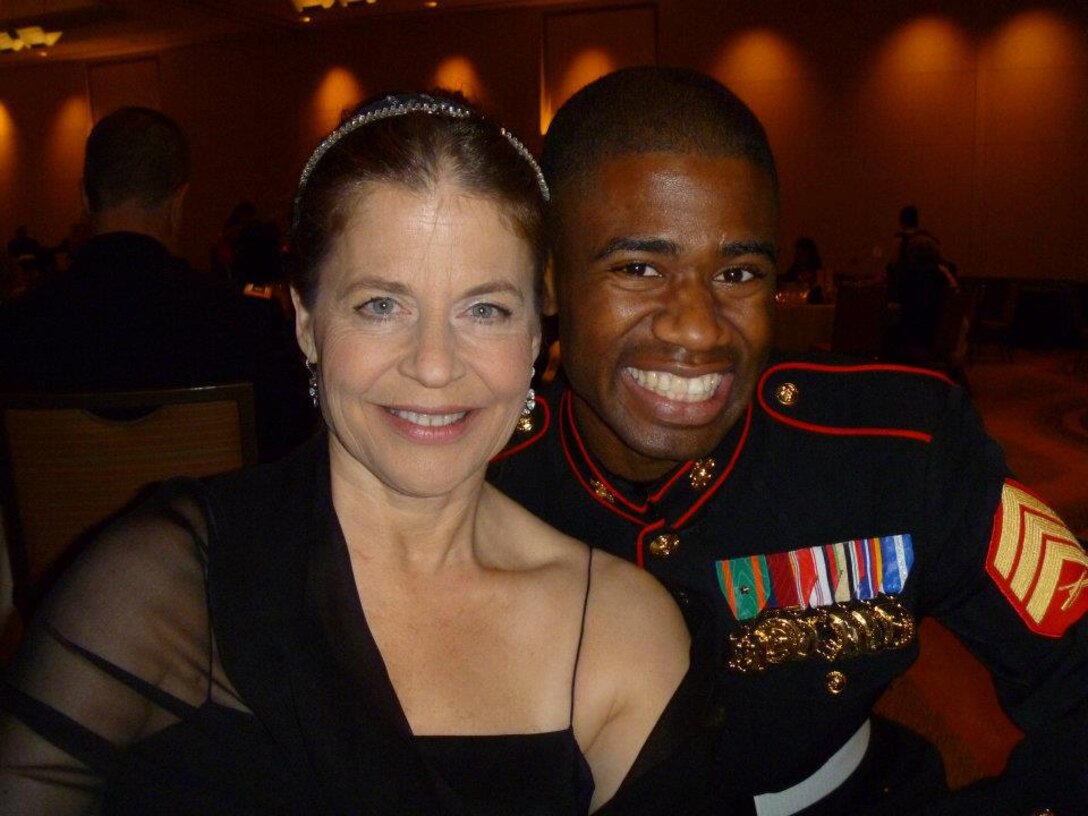 Marine Sgt. Ray Lewis, a combat correspondent, took Linda Hamilton, best known from her role as Sarah Conner in “Terminator” to the Marine Corps Birthday Ball, Oct. 29, 2011 in Westlake, Texas. She was by far the most admired date at the affair. Attendees lined up by her table to talk and get a possible autograph or photo with the actress. Hamilton said she enjoyed being in Marine company and was especially moved by the Birthday Ball ceremony. She asked Lewis via YouTube. 