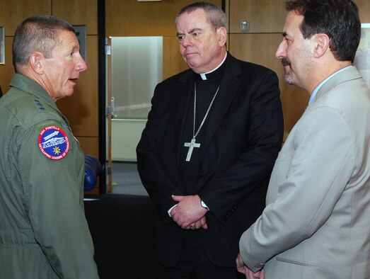 Air Force Academy Superintendent Lt. Gen. Mike Gould speaks with Bishop Michael Sheridan and Scott Levin during the Academy's 2012 religious respect conference. Sheridan represents the Catholic Archdiocese for the Military Services. Levin is director of the Rocky Mountain Region of the Anti-Defamation League. (U.S. Air Force photo/Don Branum)