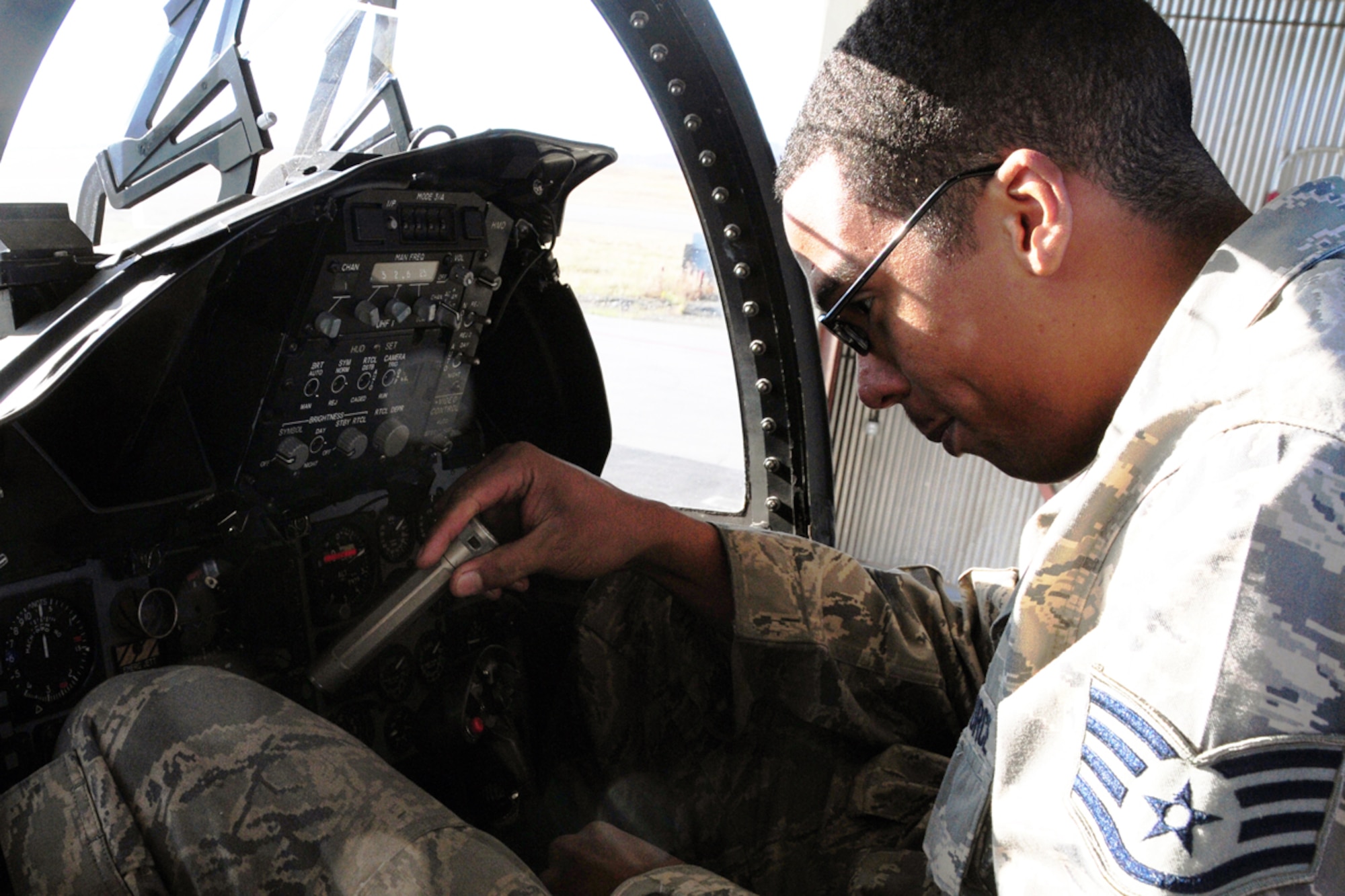 JOINT BASE ELMENDORF-RICHARDSON -- Staff Sgt. Ryan Dundas, 44th Expeditionary Aircraft Maintenance Unit, inspects the cockpit instruments of an F-15C Eagle during a post-flight inspection. Airmen, aircraft, and equipment from Kadena Air Base, Japan, are deployed to Joint Base Elmendorf-Richardson supporting the Alaskan NORAD Region, part of the North American Aerospace Defense Command mission providing aerospace warning and control for North America. (U.S. Air Force photo/Master Sgt. Mikal Canfield)
