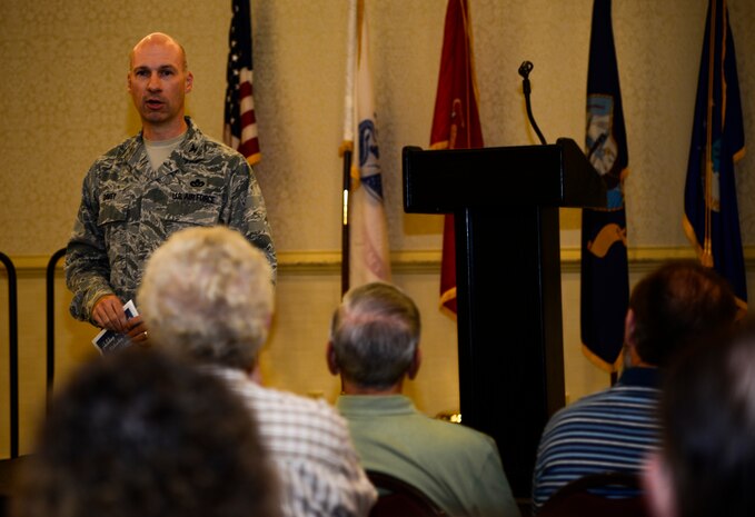 Col. Justin Davey, 628th Mission Support Group commander, speaks to retirees during the Military Retirees and Spouses Information Fair and Appreciation Day Oct. 27, 2012, at the Charleston Club at Joint Base Charleston - Air Base, S.C. The military appreciation day is held annually to inform retirees and their family members about up-to-date information offered at Joint Base Charleston – Air Base and Weapons Station. (U.S. Air Force photo/Staff Sgt. Rasheen Douglas)
