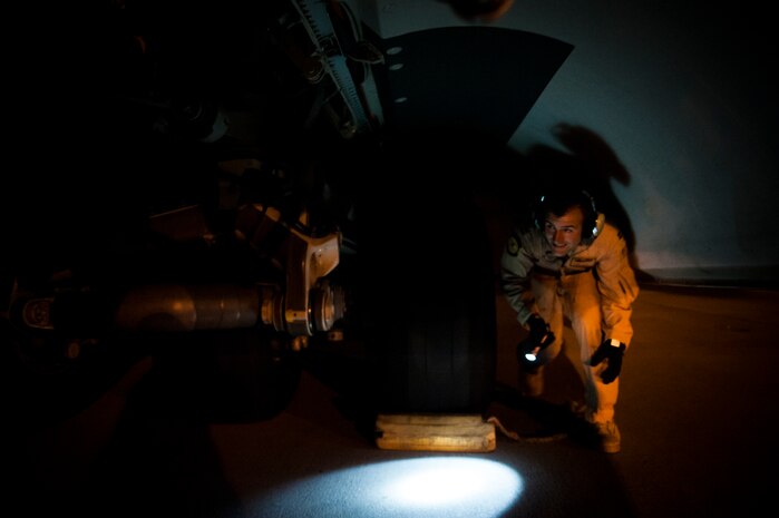 Capt. Mike Lewis, 305th Air Mobility Wing C-17 Globemaster III pilot from Joint Base McGuire-Dix-Lakehurst, N.J., performs pre-flight checks before departing from Joint Base Charleston to return to JB MDL to assist with Hurricane Sandy relief efforts Oct. 31, 2012. C-17 Globemaster IIIs from JB MDL and Dover Air Force Base, Del., landed here over the weekend because of the intensity of Hurricane Sandy affecting the Northeast. (U.S. Air Force photo/Senior Airman Dennis Sloan)