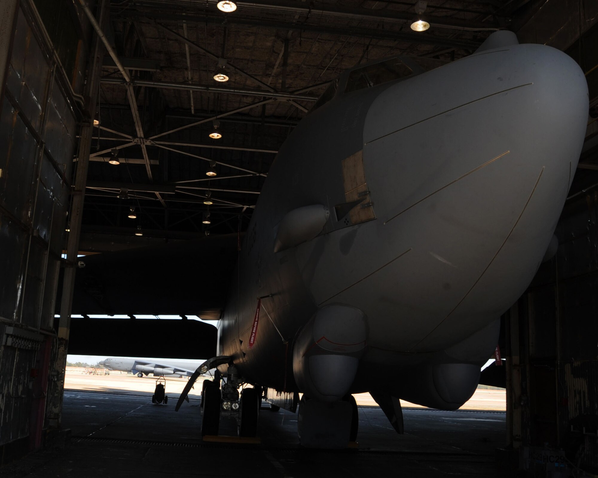 A B-52H Stratofortress sits in a hanger on Barksdale Air Force Base, La., Oct. 31. The B-52 provides the backbone of the bomber force with the ability for global attack and precision engagement. The bomber is capable of flying at high subsonic speeds at altitudes up to 50,000 feet. (U.S. Air Force photo/Senior Airman Sean Martin)(RELEASED)