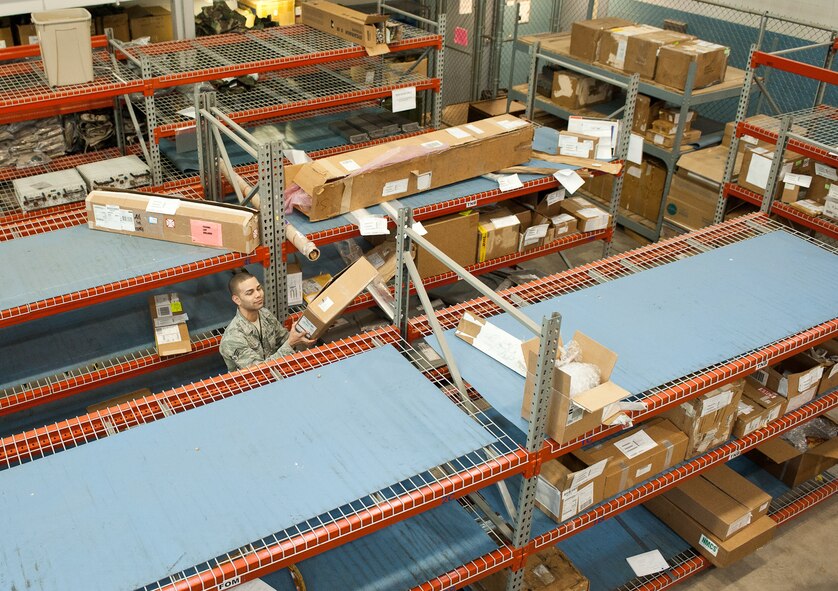 Senior Airman Irvin Vazquez-Casanova, 28th Aircraft Maintenance Squadron combat oriented supply organization technician, inspects box labels to ensure items are in their proper storage location at Ellsworth Air Force Base, S.D., Oct. 25, 2012. The 28th AMXS COSO shop supplies parts to the entire 28th AMXS keeping Ellsworth’s B-1s mission-ready. (U.S. Air Force photo by Airman 1st Class Alystria Maurer/Released)