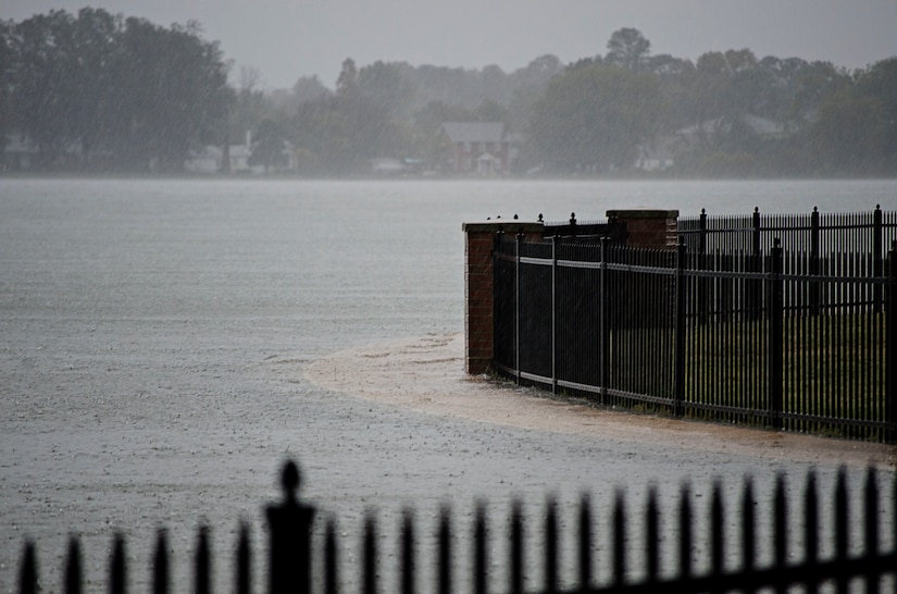 Hurricane Sandy's storm surge swells the Back River at Langley Air Force Base, Va., Oct. 29, 2012. The storm surge reached nearly seven feet at high tide, causing certain buildings near the river to flood. (Courtesy Photo)