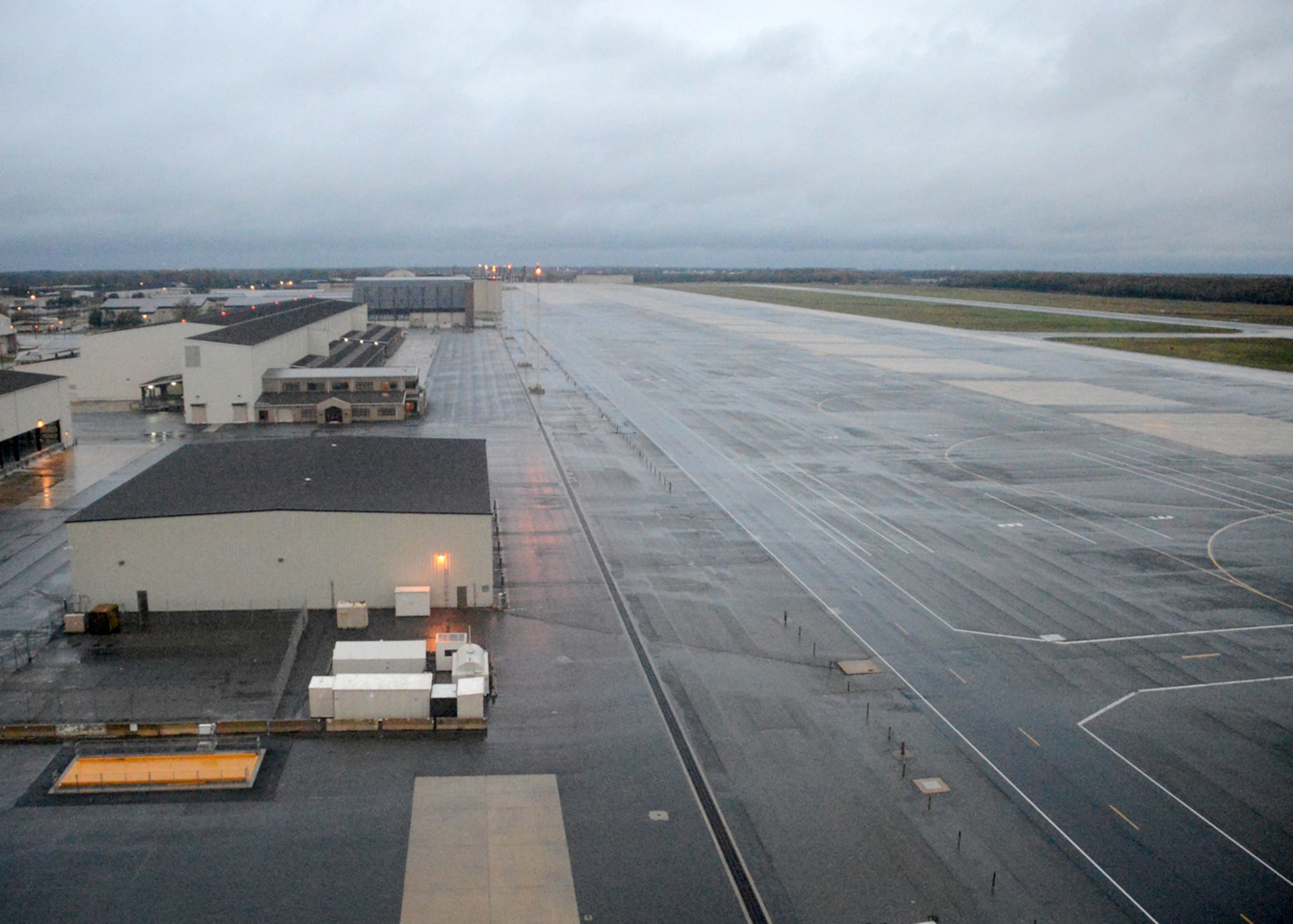 The flightline sits empty after Hurricane Sandy swept through the area Oct. 30, 2012, at Dover Air Force Base, Del. Base leadership evacuated three aircraft to Joint Base Charleston, S.C., two aircraft were sheltered in place in fully enclosed hangars and the rest of the aircraft are currently on operational missions. There was no aircraft damage. (U.S. Air Force photo by Tech. Sgt. Chuck Walker)
