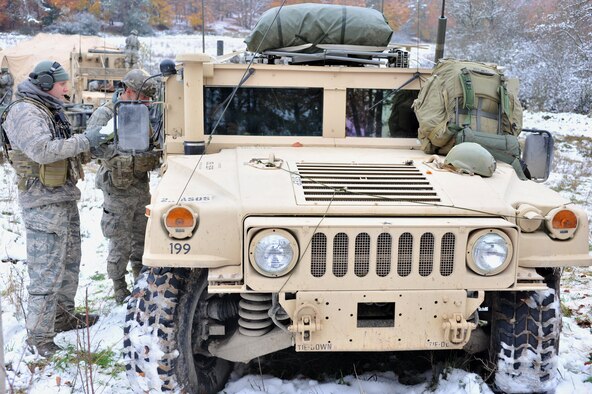 Members of the 2nd Air Support Operations Squadron tactical air control party, provide support to the 2nd Calvary Regiment during the Joint Mission Readiness Exercise in Hohenfels, Germany, Oct. 29, 2012. Main goal of the exercise was to practice integration with the Army and hone skills on force on force land operations. (U.S Air Force photo/Senior Airman Caitlin O’Neil-McKeown) 