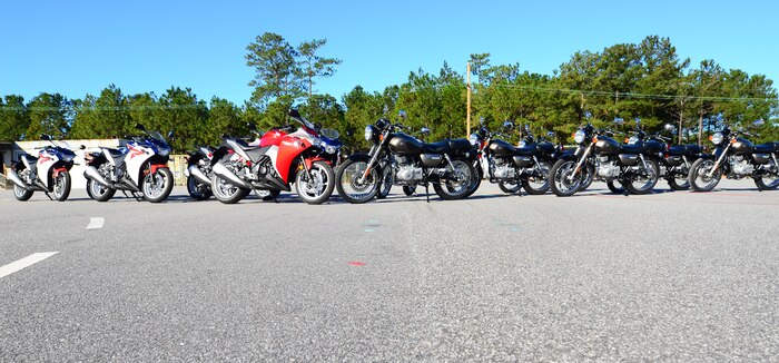 The 628th Air Base Wing Safety Office recently purchased 14 motorcycles to enhance their three motorcycle safety courses. The motorcycles will be used for Airmen and Sailors interested in purchasing motorcycles, but would like to try riding one first, and for those who own a motorcycle, but haven’t taken the safety courses and are not licensed to ride on base. (U.S. Air Force photo/Senior Airman William O'Brien)