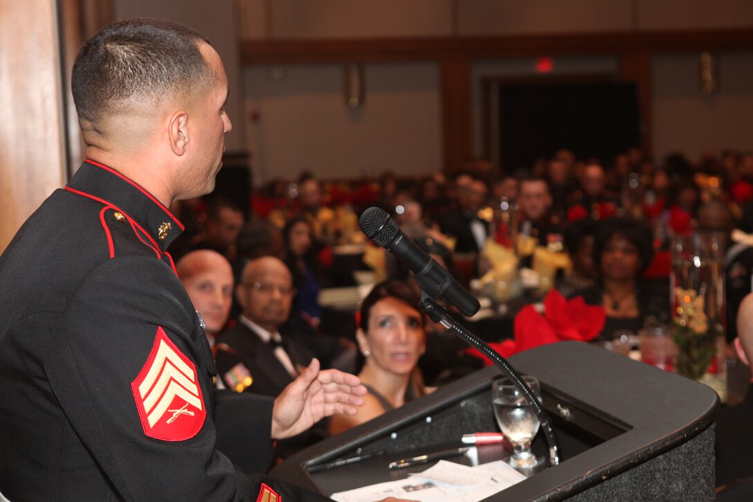 Sgt. Joseph M. Perez, an instructor with the School of Infantry-East and Silver Star recipient, speaks to guests at 2nd Supply Battalion, 2nd Marine Logistics Group’s Marine Corps Birthday ball in New Bern, N.C., Oct. 29, 2012. Perez spoke about what courage and leadership means to the servicemembers at the event, which included members of the Montford Point Marines. 