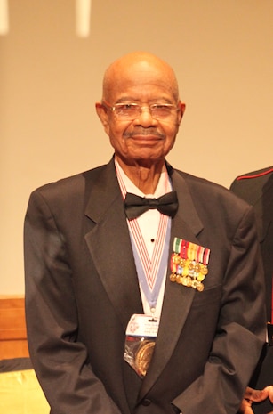 Turner G. Blount, one of the original members of the Montford Point Marines, stands near the head table during 2nd Supply Battalion, 2nd Marine Logistics Group’s 237th Marine Corps Birthday ball in New Bern, N.C., Oct. 29, 2012. The battalion invited the Montford Point Marines to join in the festivities and to honor them for their unique contribution to the unit’s history.