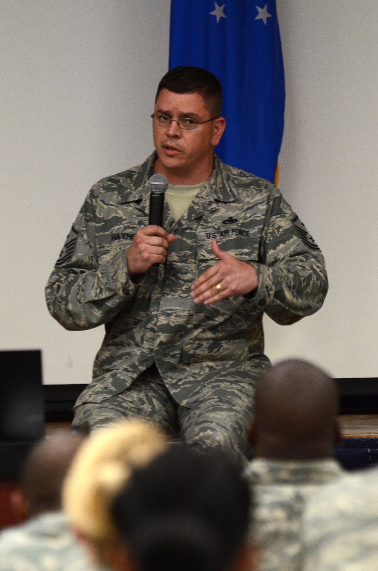 SHAW AIR FORCE BASE, S.C. - Master Sgt. David Haynes, 20th Component Maintenance Squadron first sergeant shares his work experience during a first sergeant panel while at a first sergeant symposium at Shaw Air Force Base, S.C. Aug. 30. The symposium was attended by 103 NCO's from the around the Air Force that were interested in becoming a first sergeant or are currently assigned the first sergeant tasks as an additional duty. (U.S.  Air Force photo by Master Sgt. Cohen A. Young/Released)