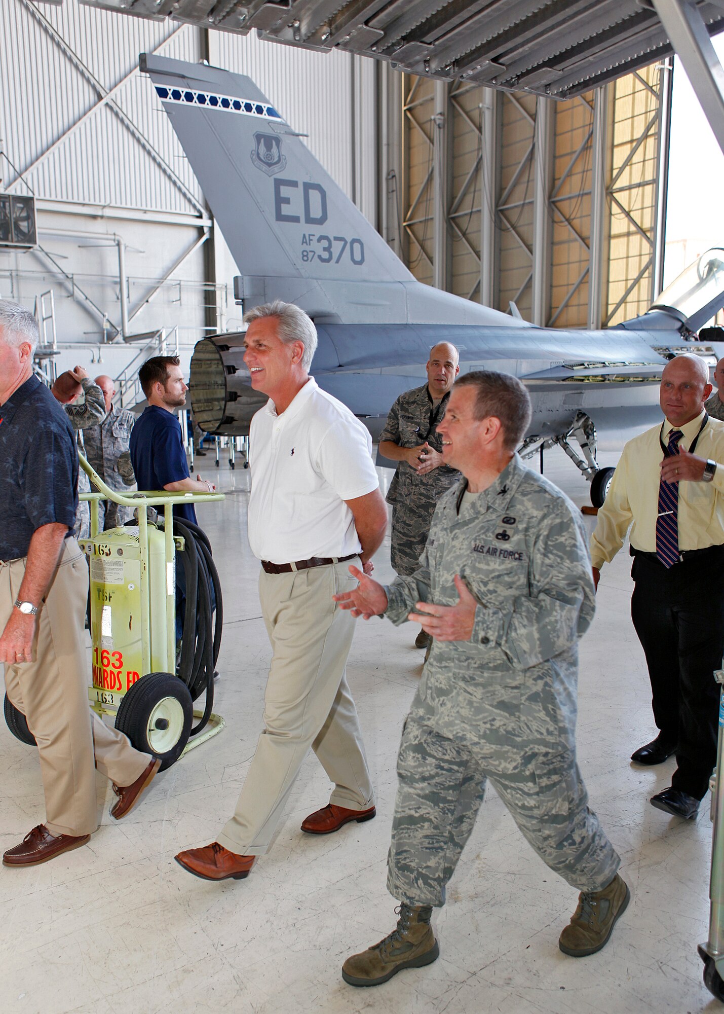 Congressman Kevin McCarthy (left), is given a tour of Hangar 1600 by Col. Robert Weaver, 412th Maintenance Group commander, during the congressman's visit to Edwards Sept. 4. Congressman McCarthy had an opportunity to meet various military and civilian maintainers assigned to the 412th MXG and tour other units at Edwards like the 411th Flight Test Squadron and the 461st Flight Test Squadron. (U.S. Air Force photo by Jet Fabara)