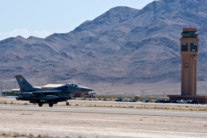 A U.S. Air Force F-16 Fighting Falcon prepares to take off Sept. 4, 2012 , at Nellis Air Force Base, Nev. Airmen in the control tower provide a safe, orderly and expeditious flow of aircraft on the flight line, as well as in the air. (U.S. Air Force photo by Airman 1st Class Matthew Lancaster)