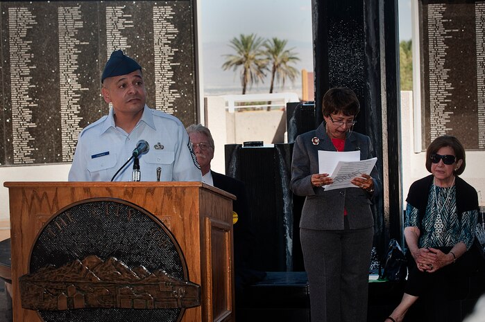 Chief Master Sgt. Bob Cisneros, 57th Maintenance Group superintendent, discusses the participation of the Air Force Band of the Golden West's participation in the upcoming 12th Hispanic International Day Parade and Festival during a press conference at the Henderson Veteran Memorial Aug. 29, 2012, in Henderson, Nev. The parade will be led by the U.S. Air Force Marching Band of the Golden West Oct. 13, 2012. (U.S. Air Force photo by Staff Sgt. Christopher Hubenthal)