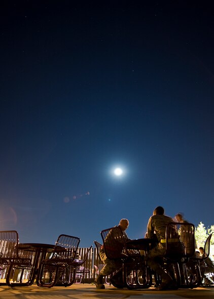 U.S. Air Force Chaplain (Lt. Col.) Boyd Short, 7th Bomb Wing chaplain, speaks to Airmen during a midnight barbecue Aug. 29, 2012, at Dyess Air Force Base, Texas. The barbeque was held by the Dyess first sergeant’s group and chaplain team for Dyess personnel working swings and mid-shifts.  (U.S. Air Force photo by Airman 1st Class Damon Kasberg/Released)
