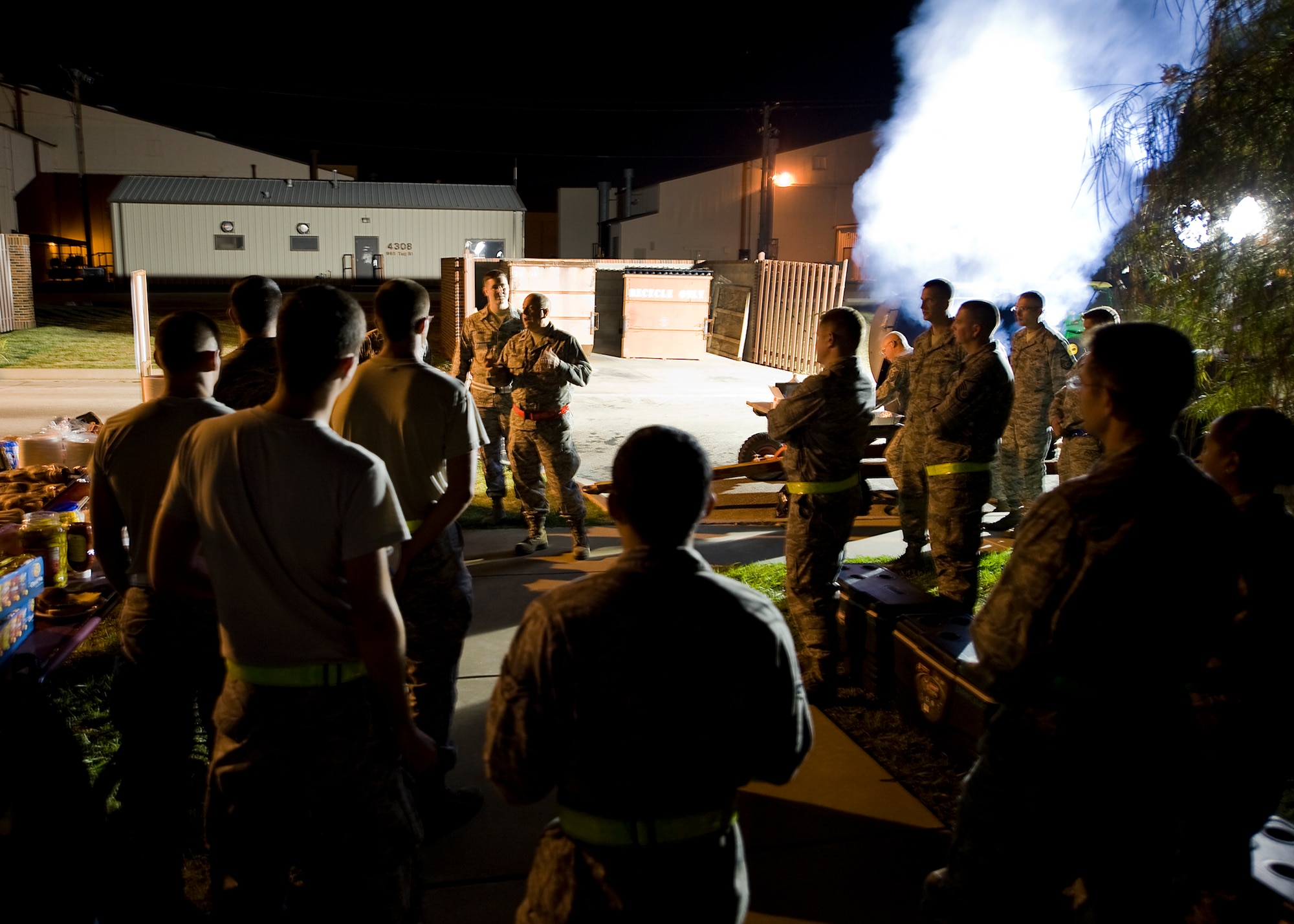 U.S. Air Force Chaplain (Lt. Col.) Boyd Short, 7th Bomb Wing chaplain, speaks to Airmen during a midnight barbecue Aug. 29, 2012, at Dyess Air Force Base, Texas. The barbeque was held by the Dyess first sergeant’s group and chaplain team for Dyess personnel working swings and mid-shifts.  (U.S. Air Force photo by Airman 1st Class Damon Kasberg/Released)