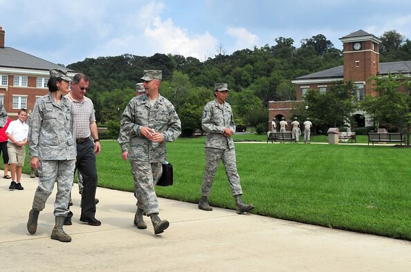 Air Force District of Washington Commander Maj. Gen. Sharon K.G. Dunbar listens to Lt. Col. Kenneth Marentette, U.S. Air Force Honor Guard commander, describe the duties and capabilities of the honor guard, Aug. 24, during a tour on Joint Base Anacostia-Bolling, Washington, D.C.  Dunbar has become familiar with the missions of AFDW over the past two months as she continues to lead Air Force operations and support Joint Force and Inter-Agency operations in the National Capital Region while providing support to Combatant Commanders and Air Force Elements worldwide. (U.S. Air Force photo by Senior Airman Steele C. G. Britton)