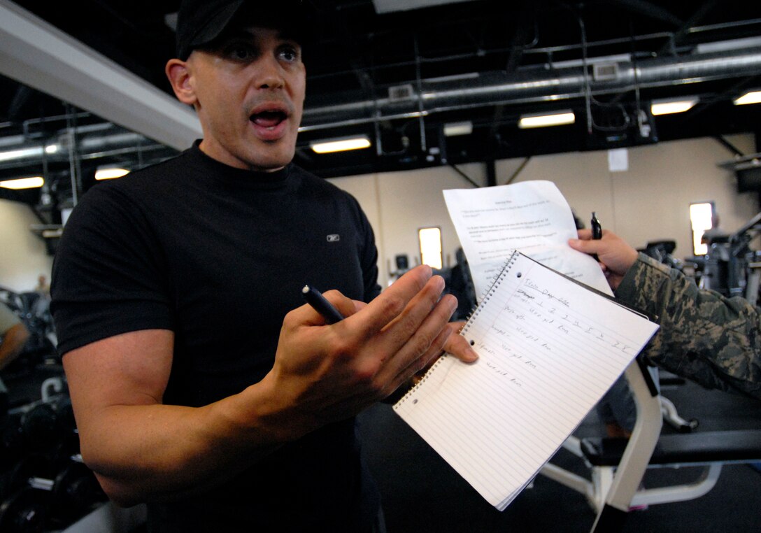 125th Fighter Wing Health Promotions Officer, Captain Jesus Garcia explains Tabata, a high intensity interval training, to members of the 125th Fighter Wing, Jacksonville, Fla, August 18, 2012. Garcia and Sox have developed an easy to follow fitness plan aimed to help members of the 125th Fighter Wing, Florida Air National Guard meet their fitness goals.  (Air National Guard photo by MSgt. Shelley Gill)