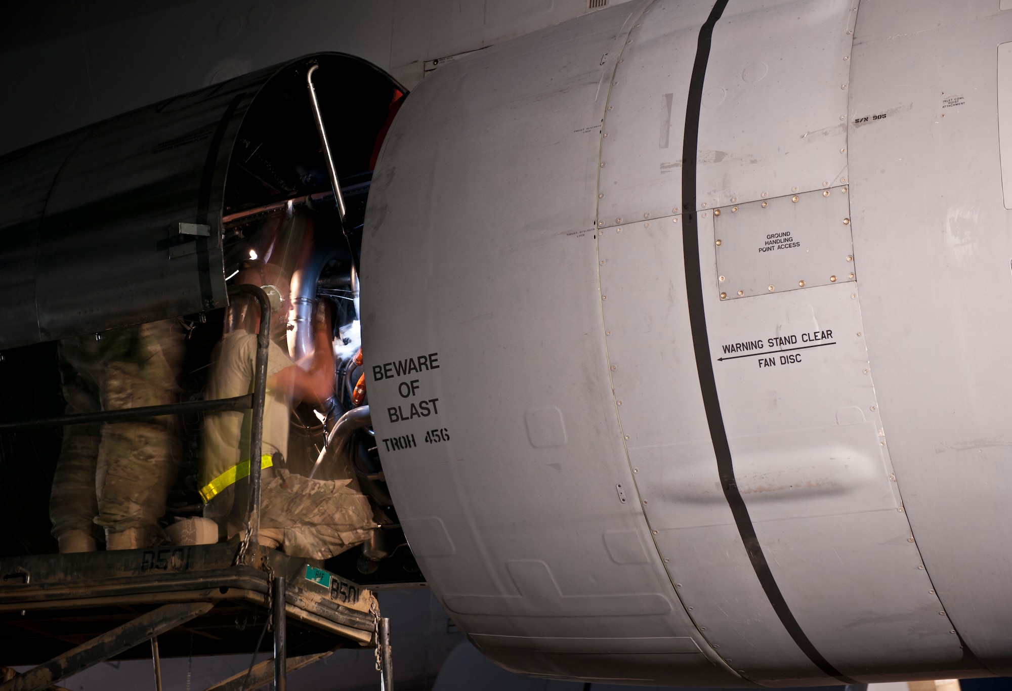 A team of maintainers from the West Virginia Air National Guard’s 167 Airlift Wing check the hydraulic systems of a U.S. Air Force C-5B Galaxy’s engine after its arrival at Bagram Airfield, Afghanistan Aug. 30, 2012. The maintainers worked quickly on the aircraft, knowing their post-flight checks must be completed fast so USAF and U.S. Army crews could reload the plane for an on-time departure. (U.S. Air Force Photo/Capt. Raymond Geoffroy)