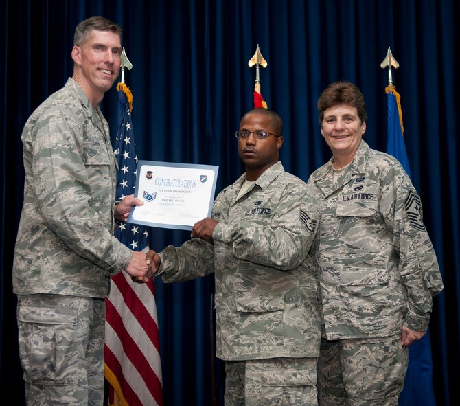 Travis Black, 39th Logistics Readiness Squadron, is promoted to the rank of staff sergeant Aug. 31, 2012, at the club complex ballroom at Incirlik Air Base, Turkey. (U.S. Air Force photo by Senior Airman Clayton Lenhardt/Released)
