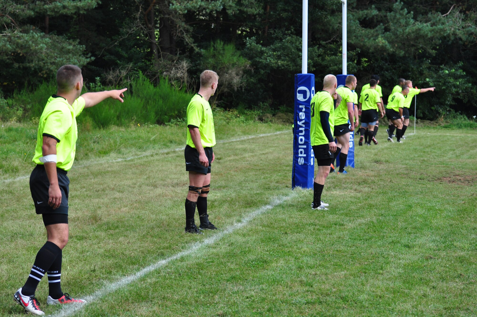 The Ramstein Rogues line up on the goal line during a Division-II home-opener rugby match against Frankfurt 1880 at the Queidersbach SportPlatz Sept. 1, 2012. The Rogues won the match 31-17. (U.S. Air Force photo/Tech. Sgt. Chad Thompson)