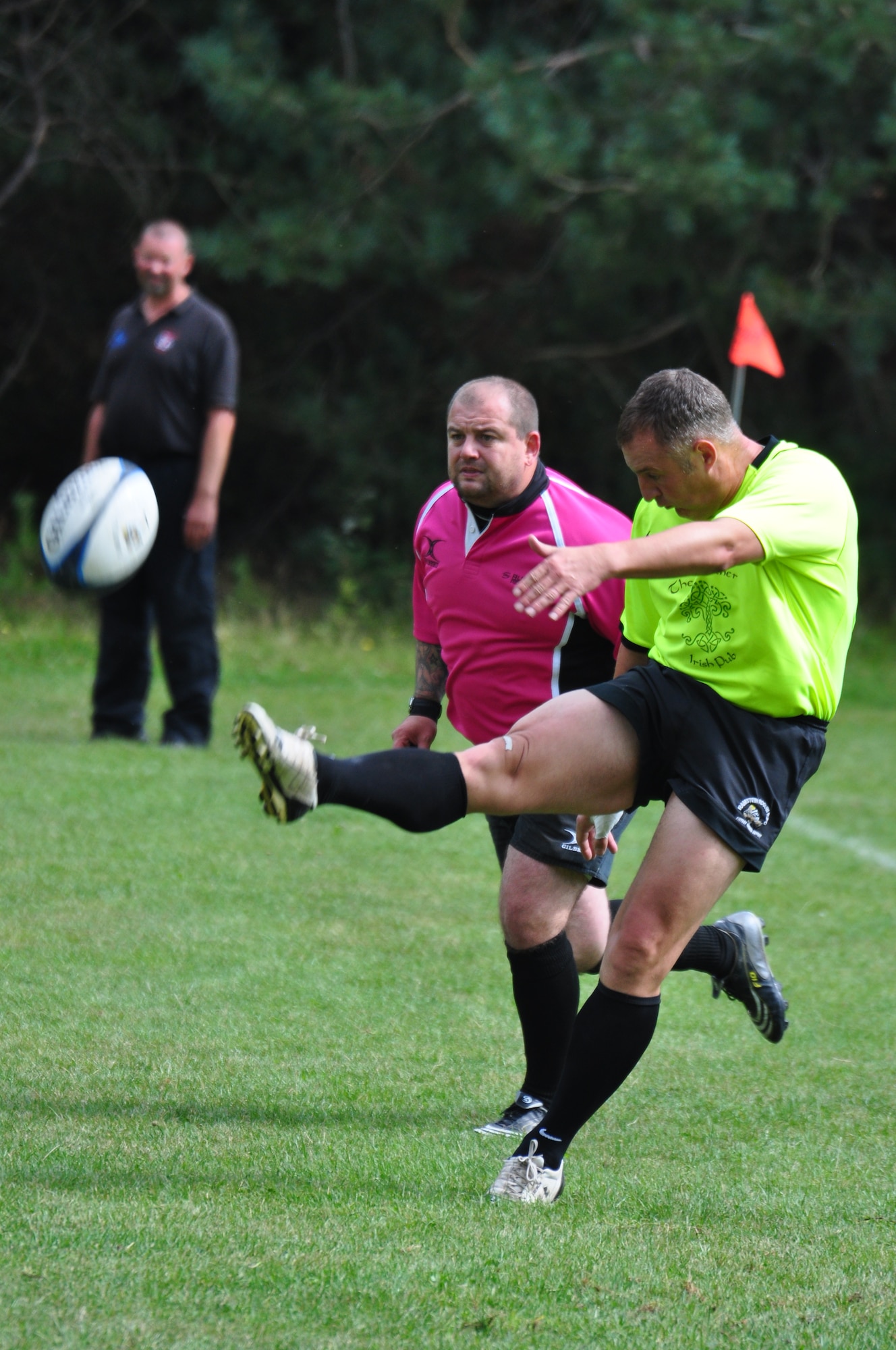 Clive “Frenchy” French, Ramstein Rogues’ assistant coach and team member, punts the rock during a Division-II home-opener rugby match against Frankfurt 1880 at the Queidersbach SportPlatz Sept. 1, 2012. The Rogues won the match 31-17. (U.S. Air Force photo/Tech. Sgt. Chad Thompson)