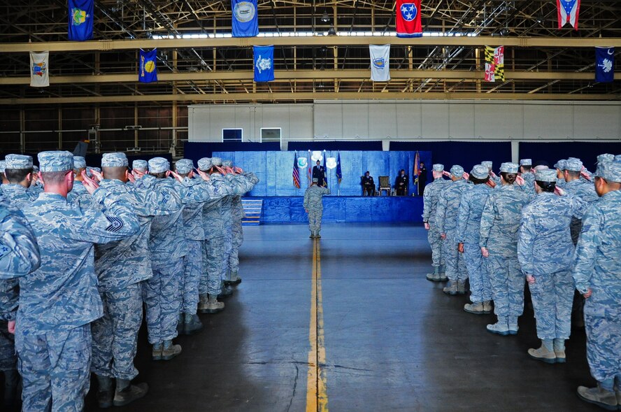 U.S. Air Force Brig. Gen. Michael Rothstein, 35th Fighter Wing commander, receives a final salute from the Airmen of the wing during the 35th Fighter Wing Change of Command at Misawa Air Base, Japan, Sept. 4, 2012.  The change of command ceremony signifies the allegiance of the Airmen to their new wing commander.  (U.S. Air Force photo by Staff Sgt. April Quintanilla)