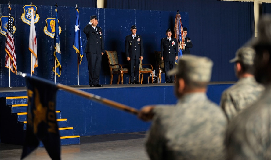 U.S. Air Force Col. Stephen Williams, 35th Fighter Wing commander, renders his first salute as the commander of the 35 FW during the change of command ceremony at Misawa Air Base, Japan, Sept. 4, 2012. During his career, Col. Williams has held various squadron, wing and major command level positions, to include F-16 Fighting Falcon Weapons Instructor and Flight Examiner as well as commander of the 13th Fighter Squadron, at Misawa Air Base, where he earned the 2007 McKay Trophy for the most meritorious sortie of the year. (U.S. Air Force photo by Staff Sgt. Nathan Lipscomb/Released)