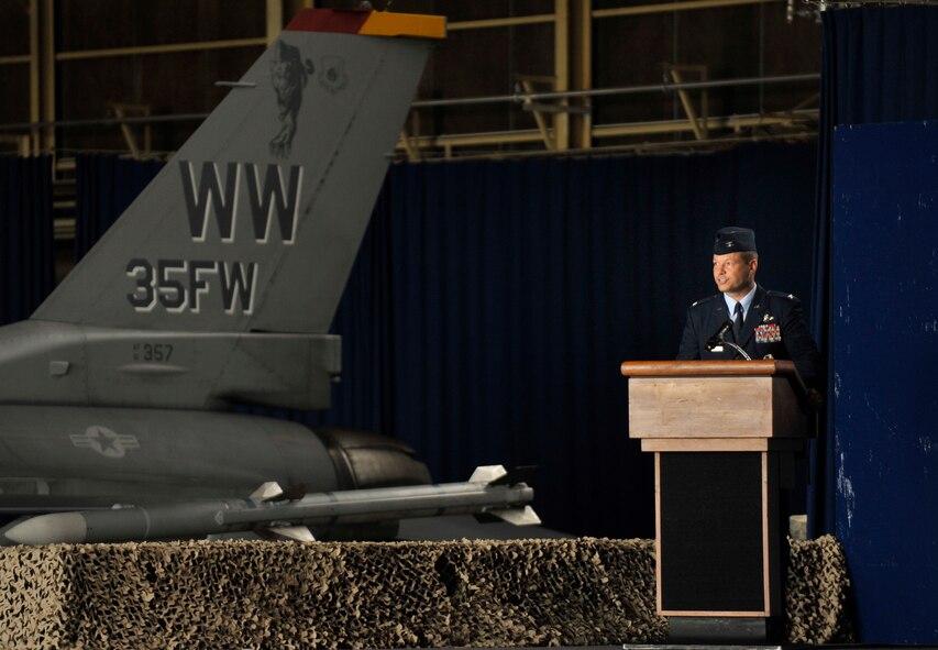 U.S. Air Force Col. Stephen Williams, 35th Fighter Wing commander, addresses the crowd at the 35 FW change of command ceremony at Misawa Air Base, Japan, Sept. 4, 2012. Col. Williams is coming from Kunsan Air Base, Republic of Korea, where he served as the 8th Fighter Wing vice commander. (U.S. Air Force photo by Staff Sgt. Nathan Lipscomb/Released)