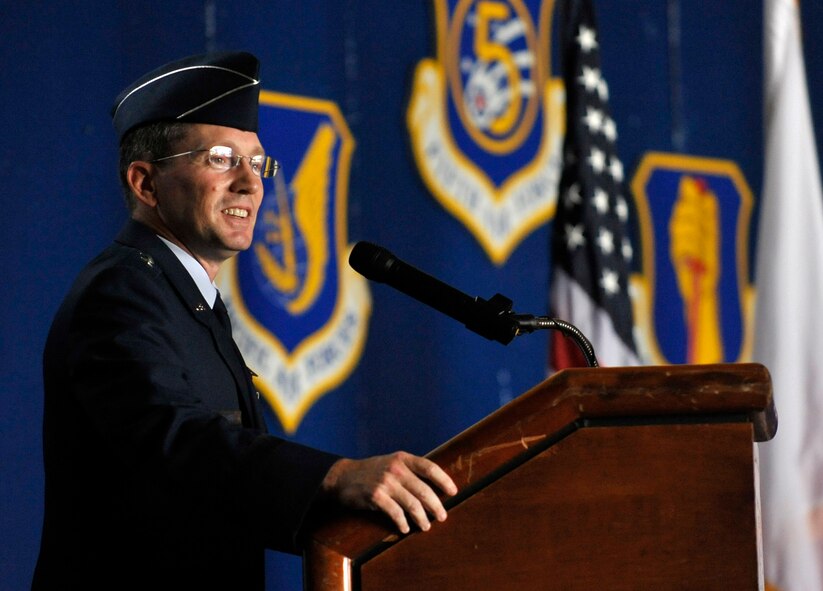 U.S. Air Force Brig. Gen. Michael Rothstein, 35th Fighter Wing outgoing commander, addresses the crowd at the 35 FW change of command ceremony at Misawa Air Base, Japan, Sept. 4, 2012. Brig. Gen. Rothstein relinquished command of the 35 FW to Col. Stephen Williams during the ceremony. (U.S. Air Force photo by Staff Sgt. Nathan Lipscomb/Released)