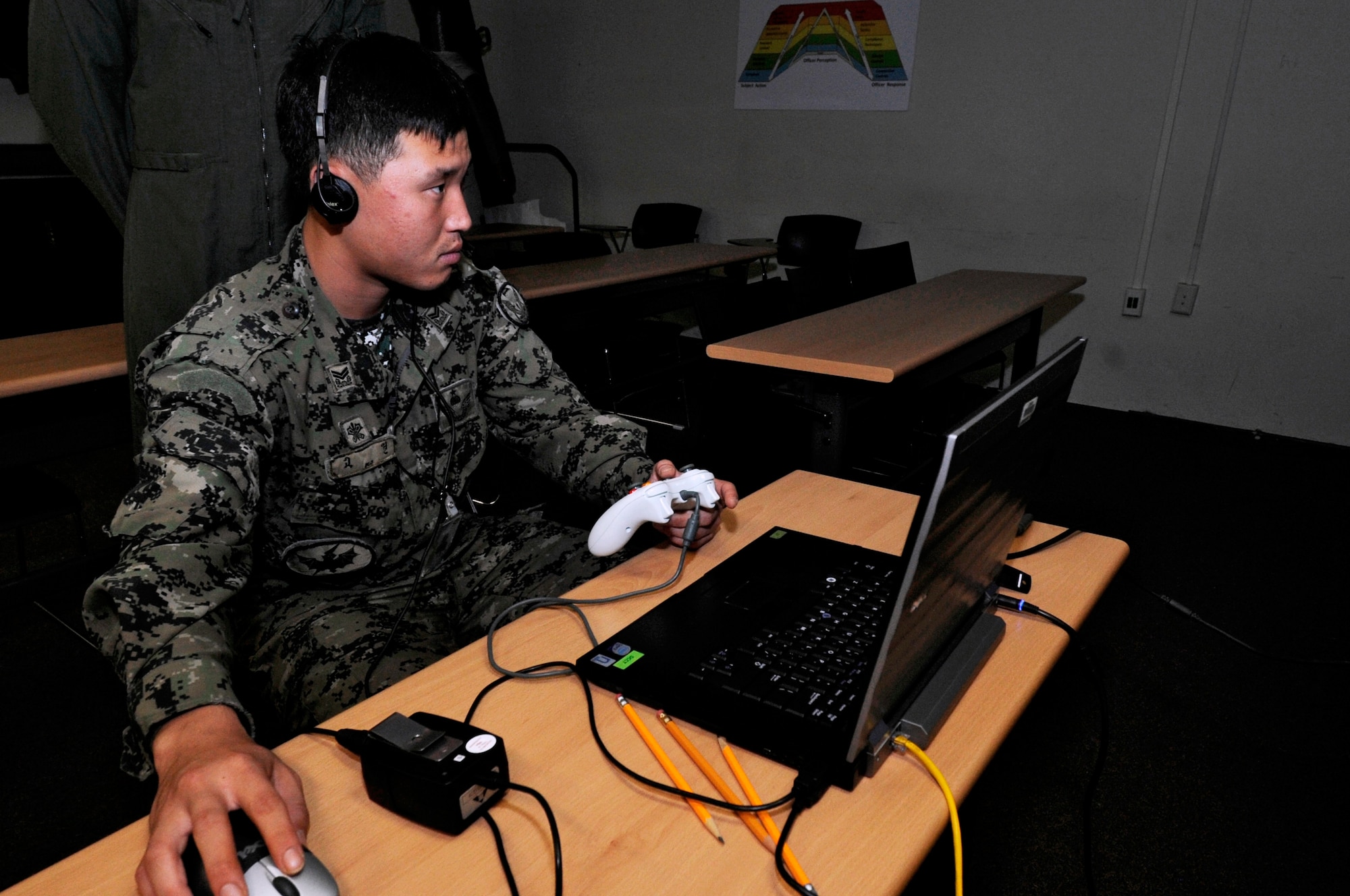 A servicemember with the Republic of Korea Army uses a computer-based program to identify and call in enemy targets to a simulated AC-130H Spectre gunship, Aug. 29, 2012, on Kunsan Air Base, Republic of Korea. In both real world and training scenarios, all radio activity to a gunship is conducted in English, which requires international students to adopt and maintain a specific vocabulary to communicate with the aircraft’s operators. (U.S. Air Force photo/Senior Airman Jessica Hines)