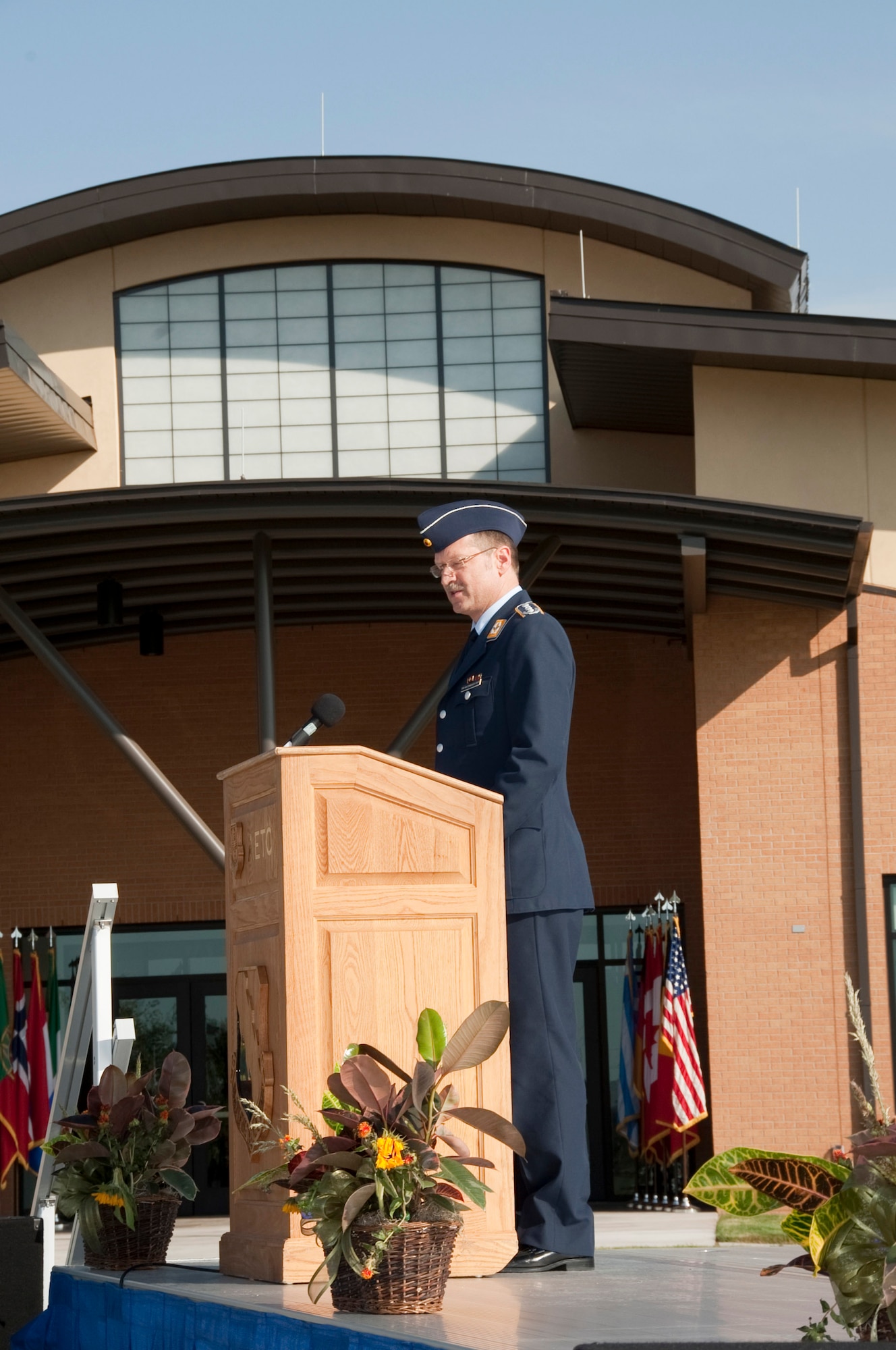 Col. Eberhard Von Wintzingerode-Knorr, 80th Operations Group Commander, gives a speech at the ribbon cutting ceremony for the new 80th Operations Group Facility Sept. 5, 2012. (U.S. Air Force Photo/Frank Carter)