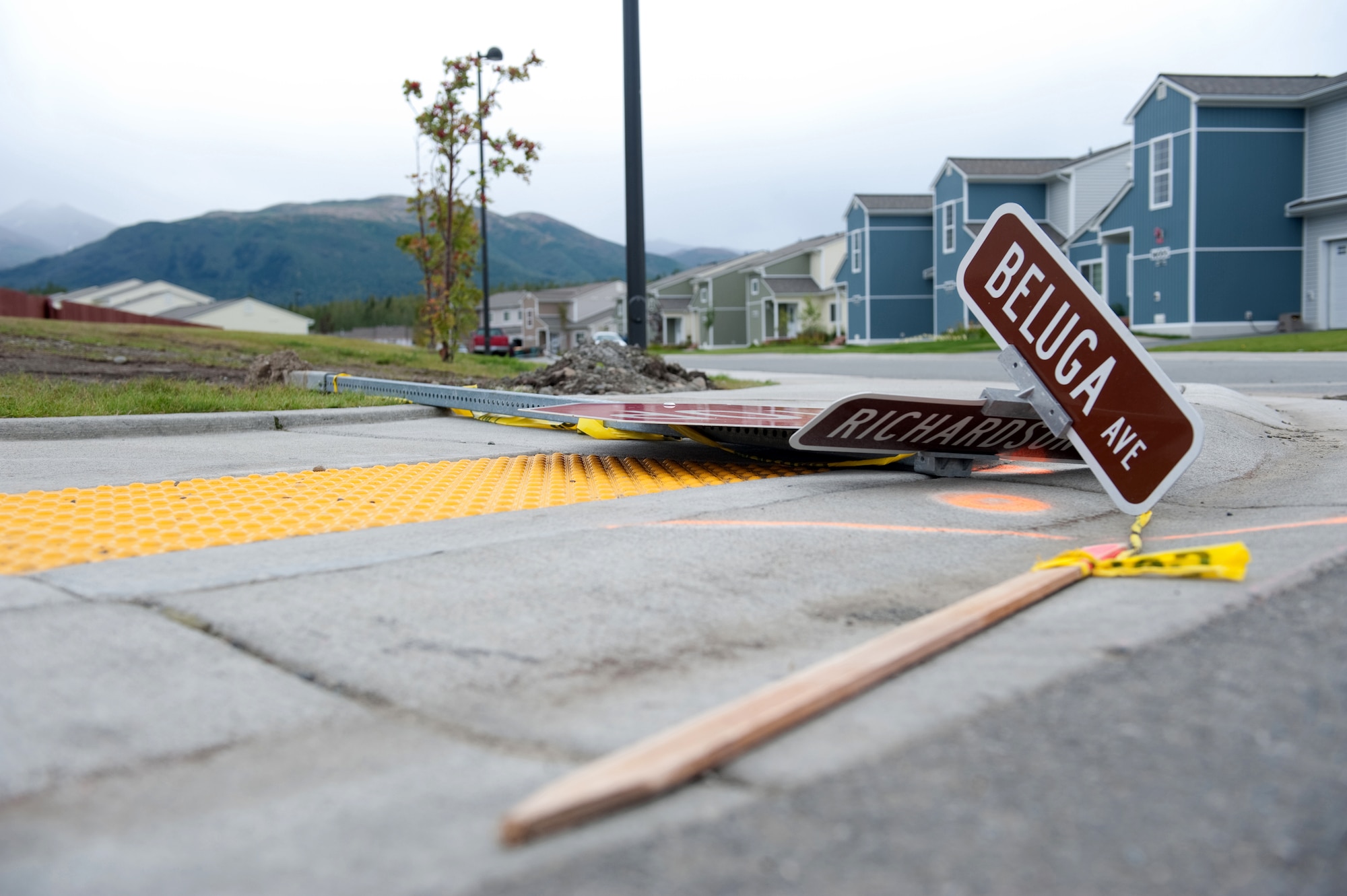 An arctic storm, producing winds gusting to more than 100 miles per hour, caused extensive damage Sept. 4 and 5, including knocking down street signs and trees on Joint Base Elmendorf-Richardson, Alaska. Emergency personnel's first priority after the storm was clearing streets for safe traffic flow. (U.S. Air Force photo/Staff Sgt. Robert Barnett)