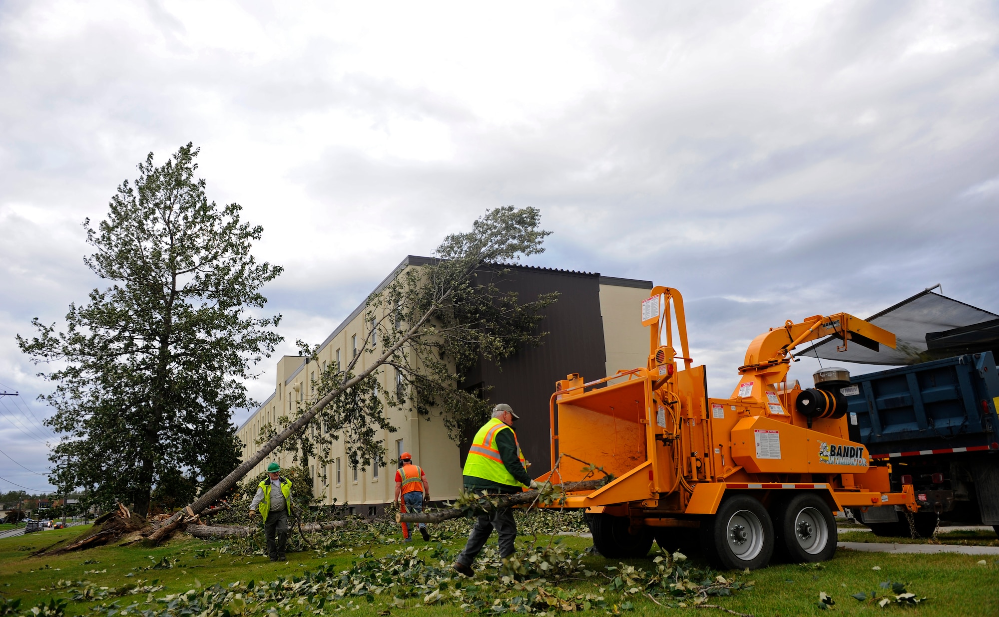 Members of the 673rd Civil Engineer Squadron remove tree limbs from a fallen tree after an arctic storm caused widespread damage as well as power and water outages on Joint Base Elmendorf-Richardson, Alaska, Sept. 4 and 5. The storm, which blew up from the Bering Sea, brought wind gusts up to 100 mph according to the National Weather Service. (U.S. Air Force photo/Tech. Sgt. Brian Ferguson)