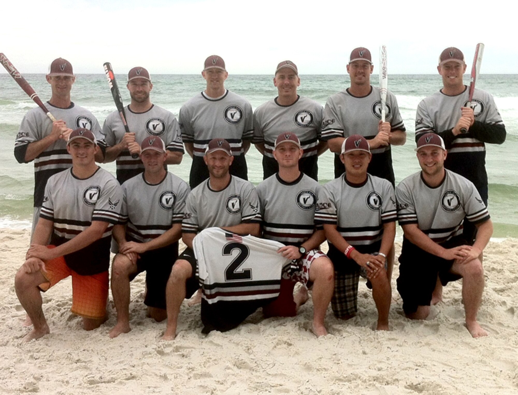 Members of the 2012 Vance (AFB, Okla.) Men’s Varsity Softball team, played to a fifth place finish at the United States Specialty Sport Association Military World Tournament held Aug. 16-19 at Panama City Beach, Fla. Front row from left are: Ben Cochrane, Russ Reynolds, Phillip Bonadonna, Jon Birmingham, Jason Perry and Eric Klender. Back row from left: Brendan Voitik, Chris Huckins, Martin “Kyle” Williams, Jake Dighton, John Stock and John Powers. (Courtesy photo)