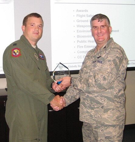 Colonel Al Miller, 437th Airlift Wing vice commander, presents the Aircrew Distinction Award to Capt. James Wheatley, 15th Airlift Squadron C-17 Globemaster III pilot, 437th Airlift Wing,  Aug. 7, 2012, at Joint Base Charleston – Air Base, S.C. The award recognizes an aircrew in averting or minimizing the seriousness of an aircraft emergency situation. (Courtesy Photo)