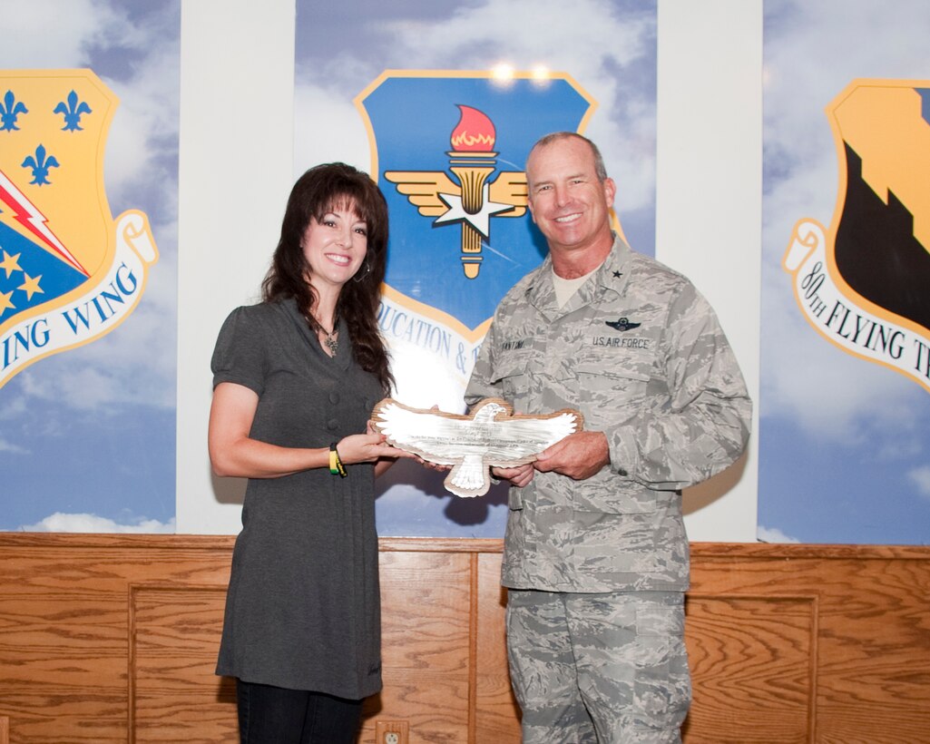 Brig. Gen. Michael Fantini, 82nd Training Wing commander, stands with Ms. Jennifer Schweiger, Executive Director of Straight Street Ministry to Youth on Sep. 5, 2012, at the Sheppard Air Force Base club.  Schweiger, spoke during the kick-off breakfast for the 2012 Combined Federal Campaign about the importance of helping people.  (U.S. Air Force Photo by Danny Webb) 
