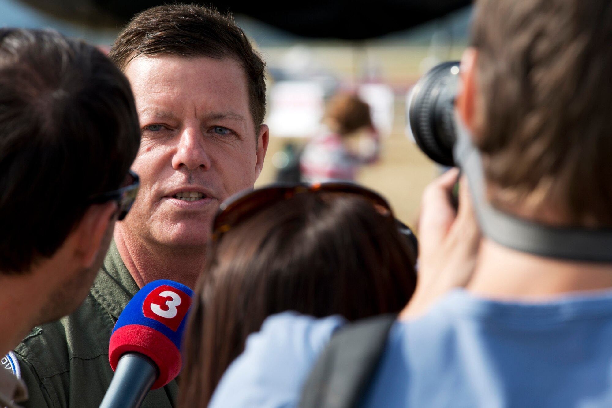 U.S. Air Force Col. Keith Schultz, 307th Operations Group commander, is interviewed by local media during a special tour of a 307th Bomb Wing B-52H Stratofortress on Aug. 31, 2012, Sliac, Slovakia. Schultz piloted the B-52 that landed at the Sliac Airport on Aug. 29, to support the Slovak International Air Fest air show. (U.S. Air Force photo by Master Sgt. Greg Steele/Released)