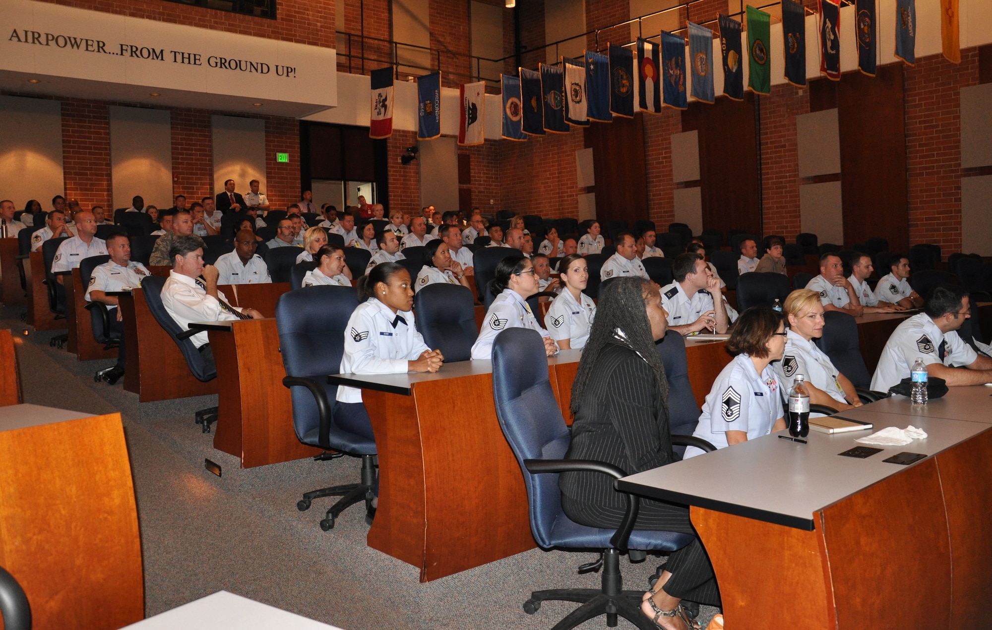 JOINT BASE MCGUIRE-DIX-LAKEHURST, N.J. - Students attending Air Mobility Command's first ever Master Resilience Instructor Course, taught at the U.S. Air Force Expeditionary Center, listen as Maj. Gen. Bill Bender, Expeditionary Center commander, discusses the importance of the training here, Aug. 24. The course prepares graduates with the skills and confidence needed to to go back to their home stations and provide resilience training for Airmen across AMC. (U.S. Air Force photo by Capt. Sybil Taunton)