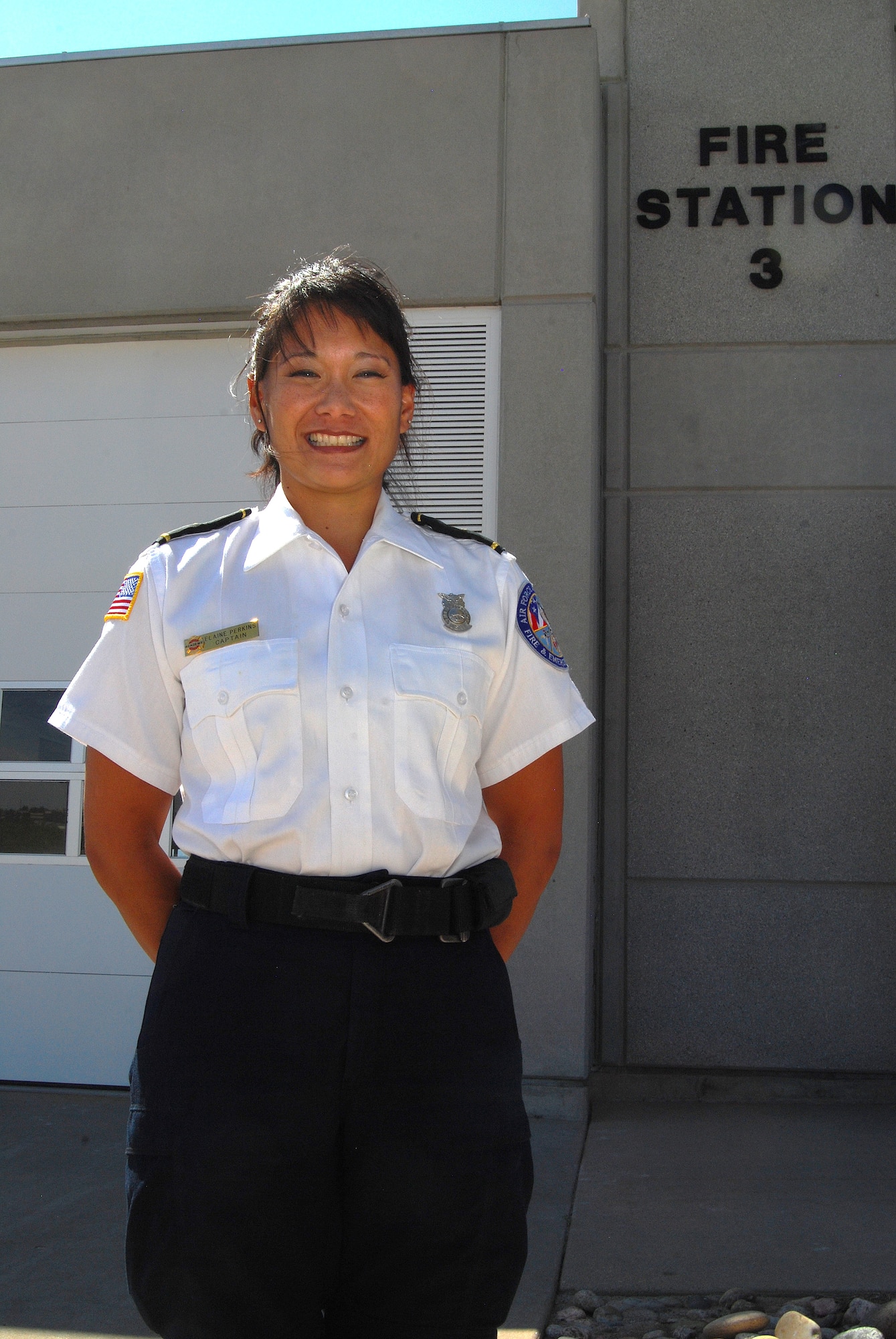 Elaine Perkins, a Honolulu native and the station captain for Fire Station 3 at the Air Force Academy in Colorado Springs, Colo., was named the 2011 National Image, Inc., Meritorious Service Award winner. She is scheduled to receive the award during a presentation in Los Angeles Sept. 13, 2012. (U.S. Air Force photo/Don Branum)