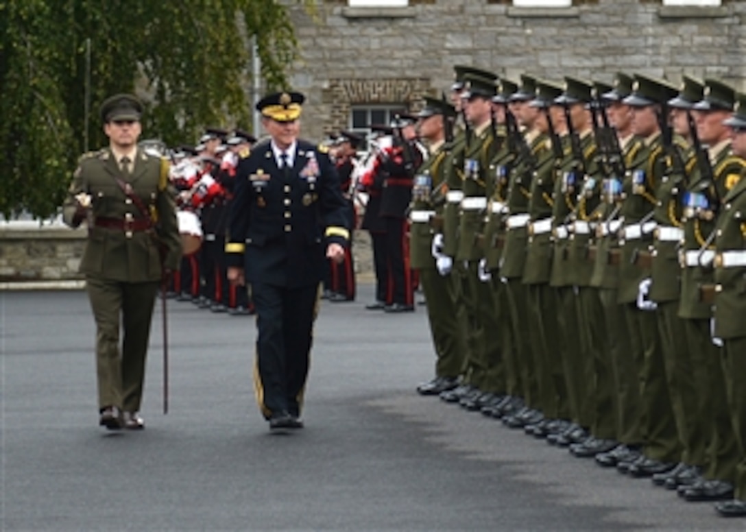 Chairman of the Joint Chiefs of Staff Gen. Martin E. Dempsey reviews the Irish Honor Guard at Cathal Brugha Barracks in Dublin, Ireland, on Aug. 31, 2012.  