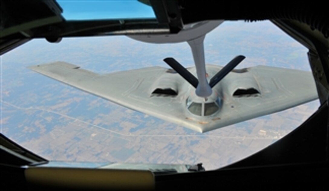 A U.S. Air Force B-2 Spirit bomber refuels from a KC-135 Stratotanker during flight operations on Aug. 29, 2012.  The Spirit is attached to the 509th Bomb Wing and the Stratotanker is from the 22nd Air Refueling Wing.  