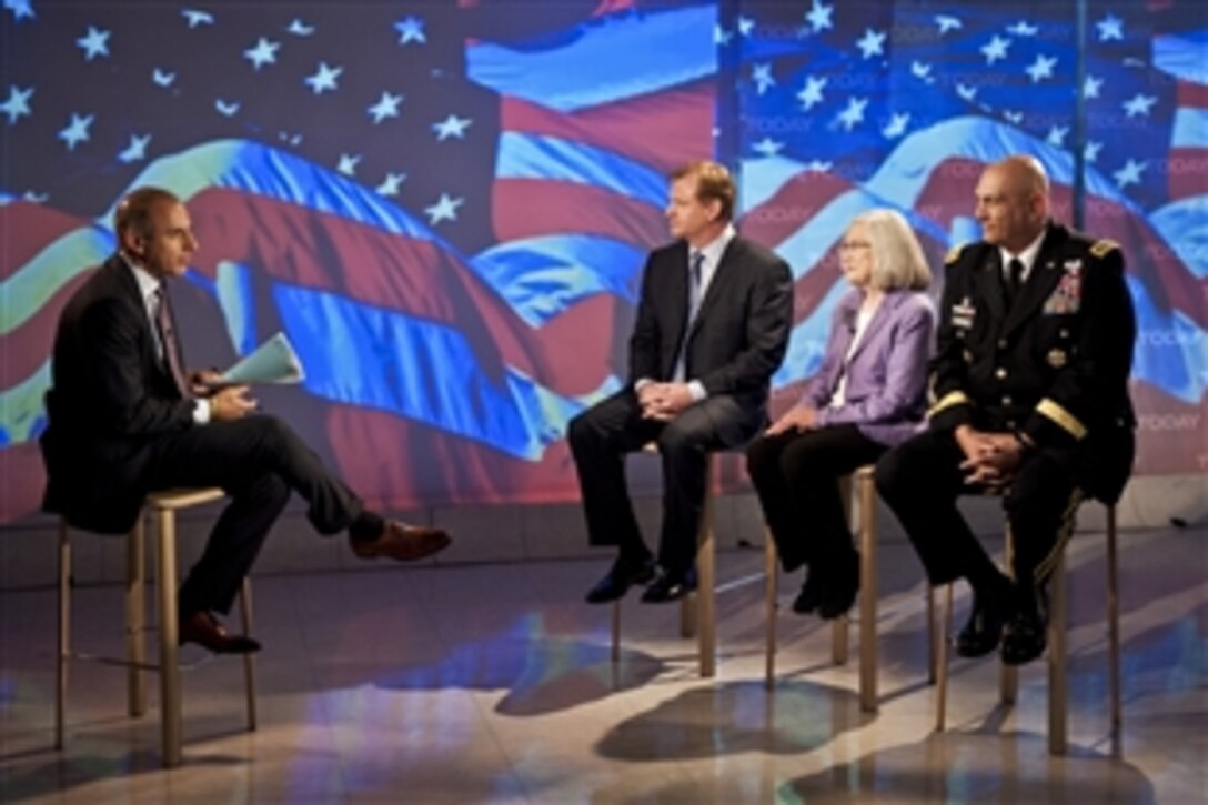 NBC's "Today" show host Matt Lauer speaks to NFL Commissioner Roger Goodell, left, Story Landis, director of the National Institute for Neurological Disorders and Stroke, center, and Army Chief of Staff Gen. Ray Odierno, right, in New York, Sept. 5, 2012. During the interview, Goodell announced the NFL will donate $30 million for concussion and traumatic brain injury research.