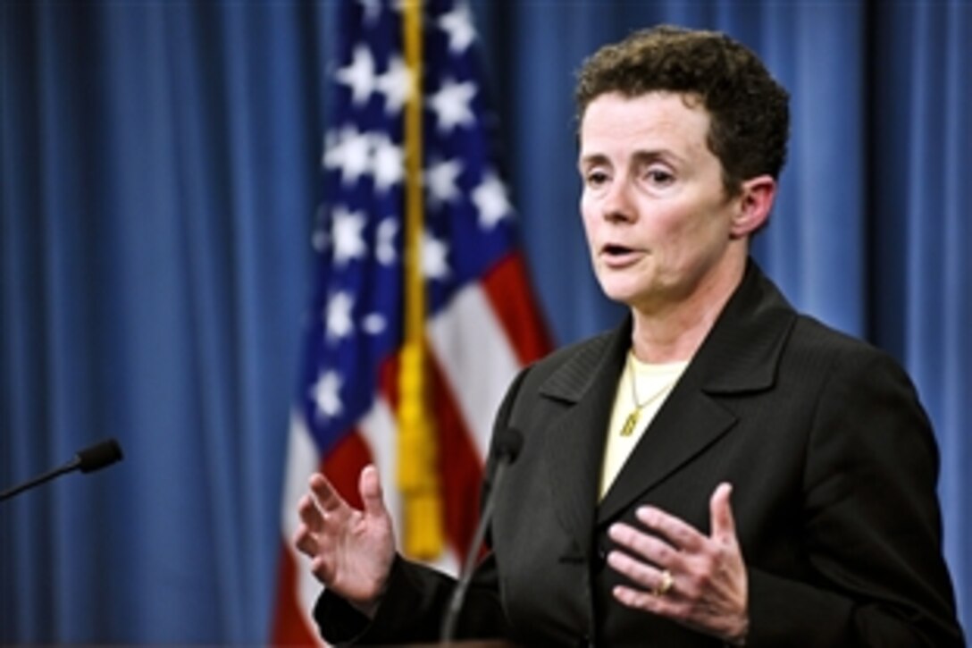 Pam Mitchell, Federal Voting Assistance Program acting director, briefs the media on voting assistance initiatives for the current election cycle at the Pentagon, Sept. 5, 2012. 