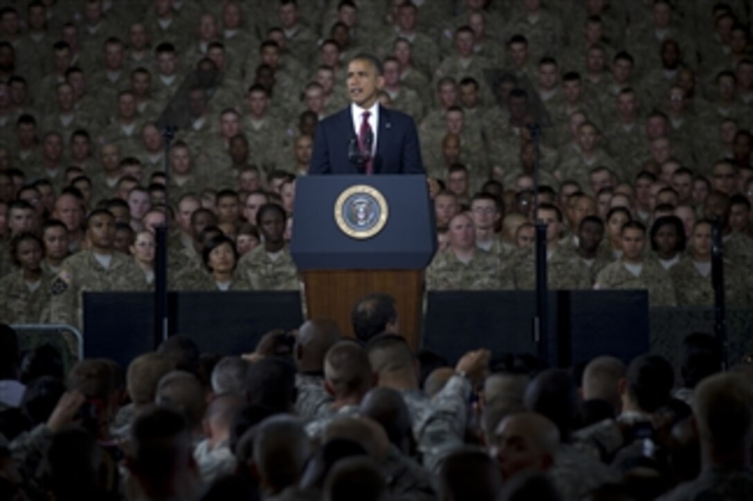 President Barack Obama addresses service members and their families during a visit to Ft. Bliss, Texas, on Aug. 31, 2012.  
