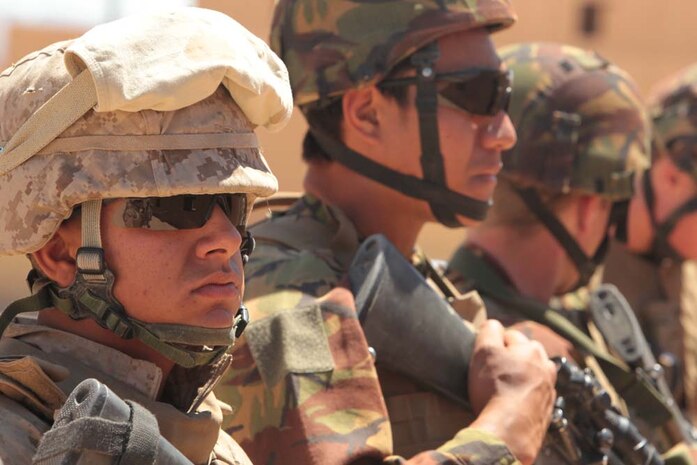 Marines with 3rd CEB work with New Zealand Army soldiers for a counterinsurgency exercise, June 20, at the Combined Arms Military Operations on Urban Terrain town at Range 220A. The allies worked together at the combat center for the first time in 27 years.