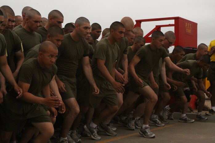 Recruits of Company E, 2nd Recruit Training Battalion, set off at the beginning of the 3-mile run portion of the final Physical Fitness Test during recruit training aboard Marine Corps Recruit Depot San Diego Aug. 23. The final PFT, which consists of a 3-mile run, a maximum set of crunches and pull-ups, is one of the final events recruits must pass in order to move forward with the final stages of training.